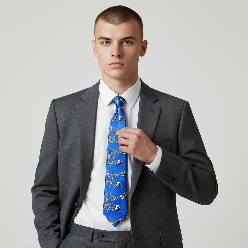 Kai Long Men's Necktie Classic Style Silk Pandas Multicolor 4 inches x 58 inches